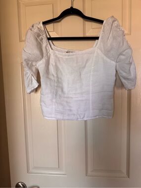 Rachel Zoe Linen White Square Neck Puff Sleeve Top